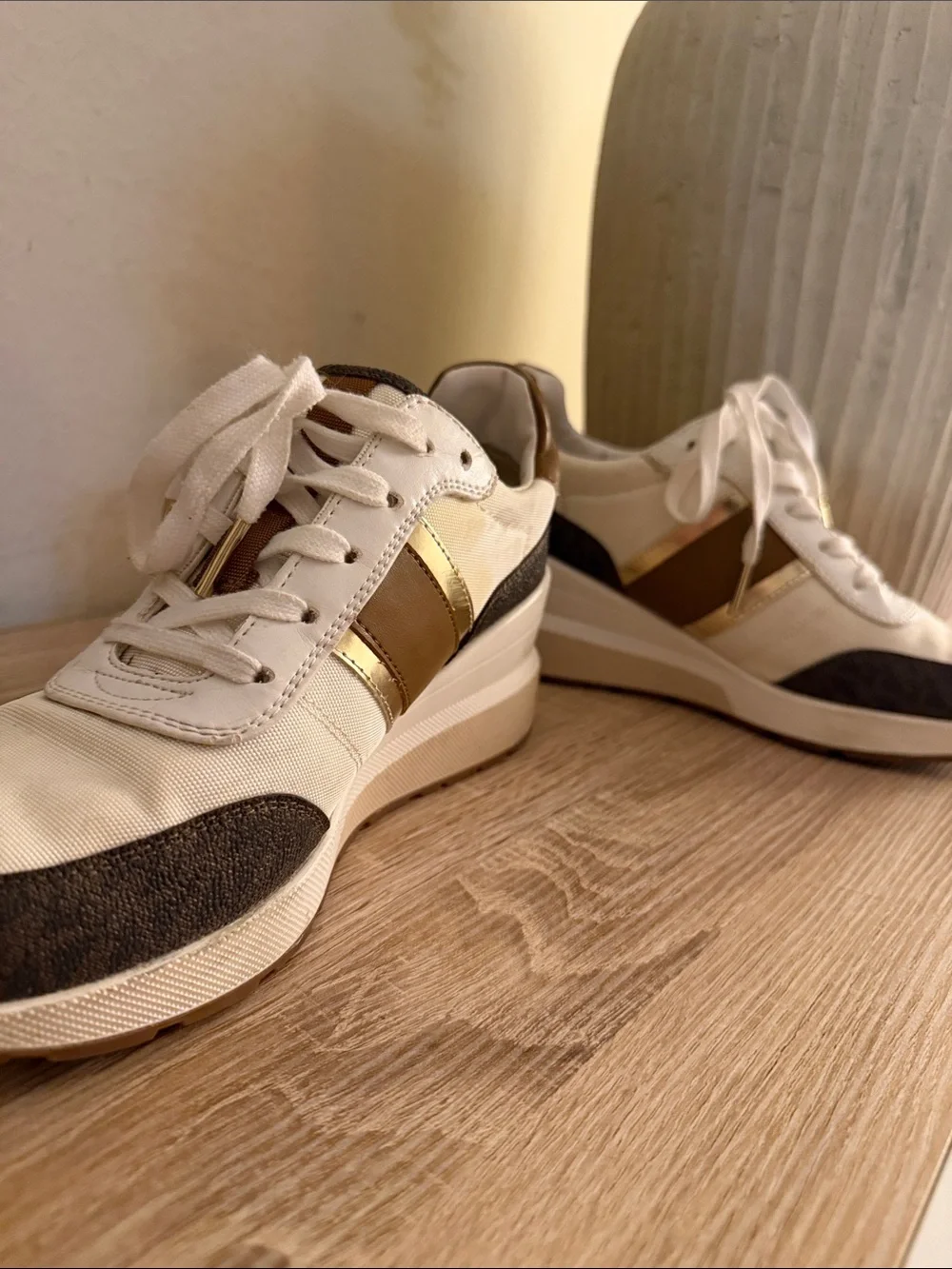 Michael kors Wedge Trainer Sneakers in White, Brown & Gold - Picture 4 of 7